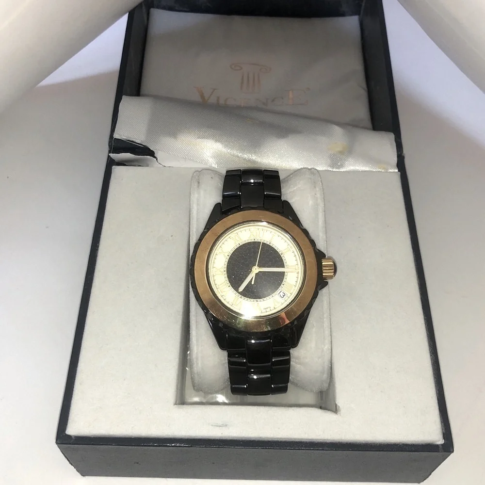 Solid Real 14K Gold Bezel 1.00CT Black Spinel Vicence Milor Italy Ceramic Watch